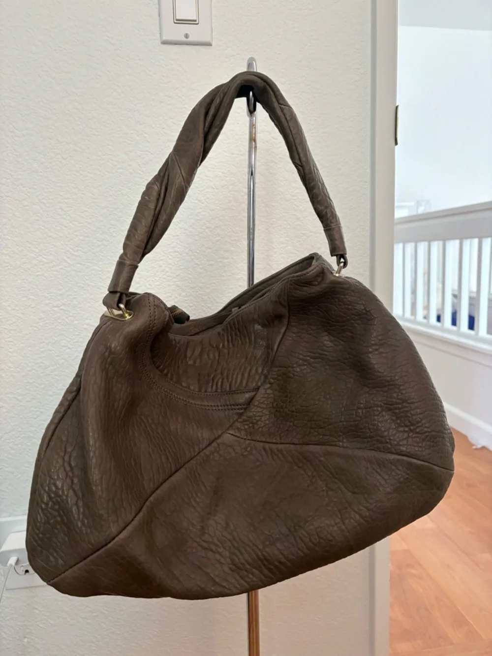 Textured Dark Brown Leather Hobo Shoulder Bag